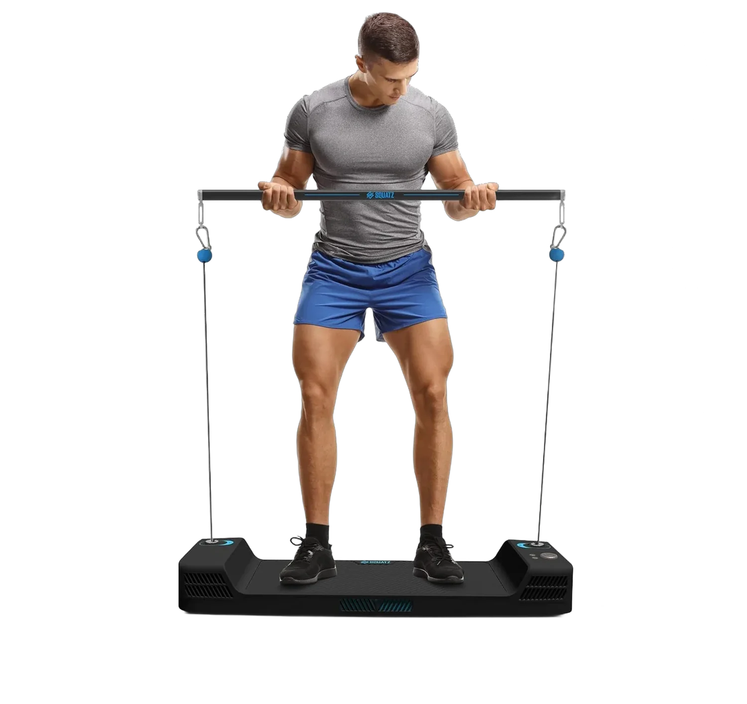 SQUATZ Apollo Board Mini home gym platform with resistance bar and accessories on white background