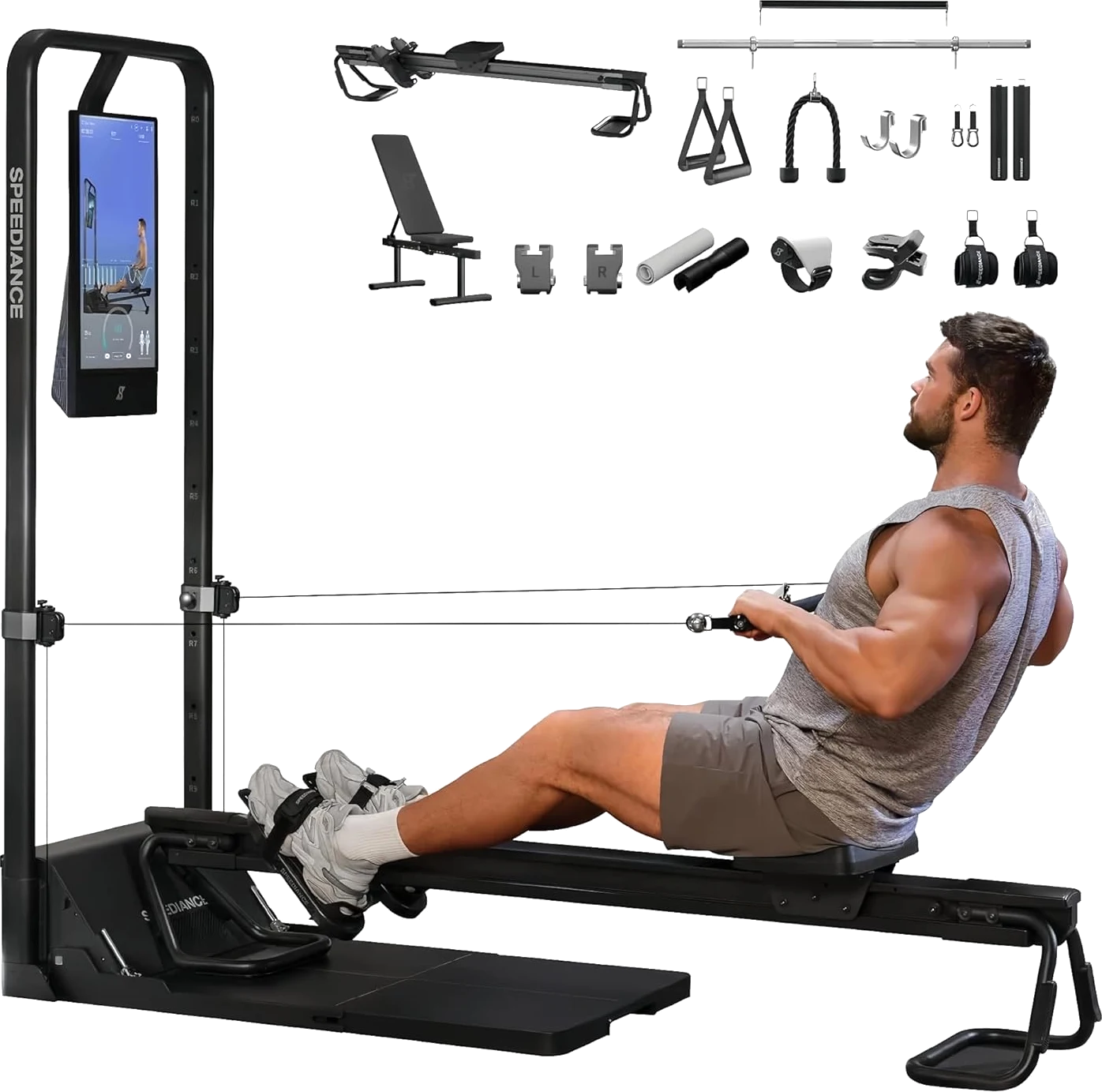 Speediance Gym Monster 2 smart home gym with rower attachment and accessories on white background