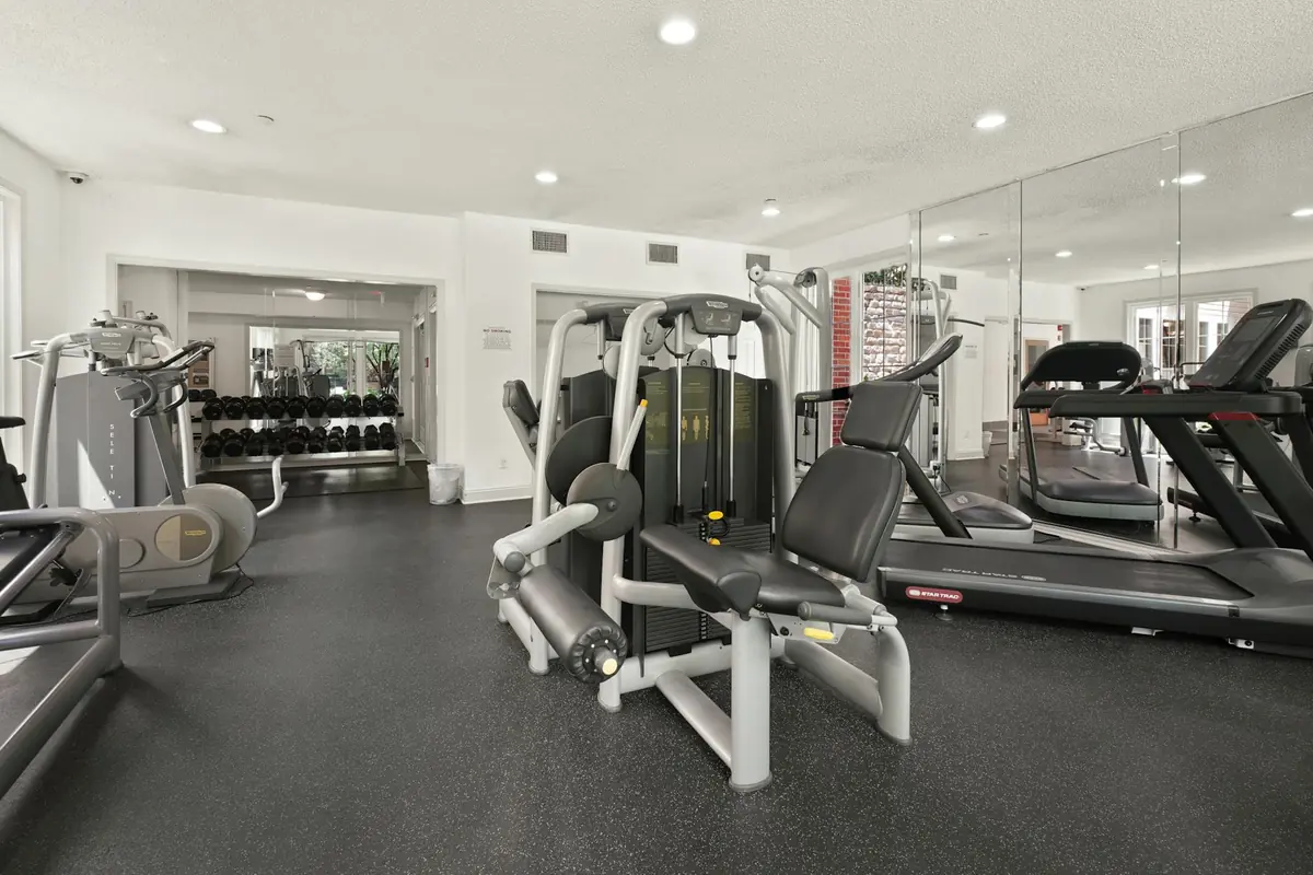Spacious gym interior with weight machines, a treadmill, and dumbbells along mirrored walls