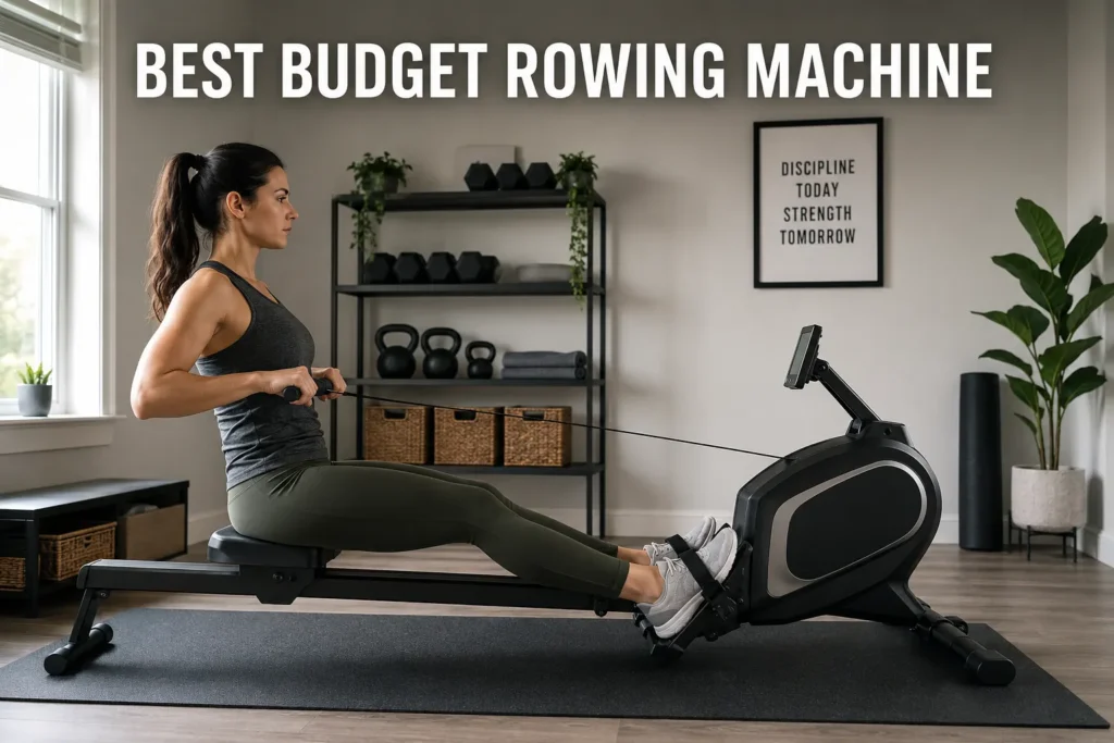 A girl exercising on a budget rowing machine