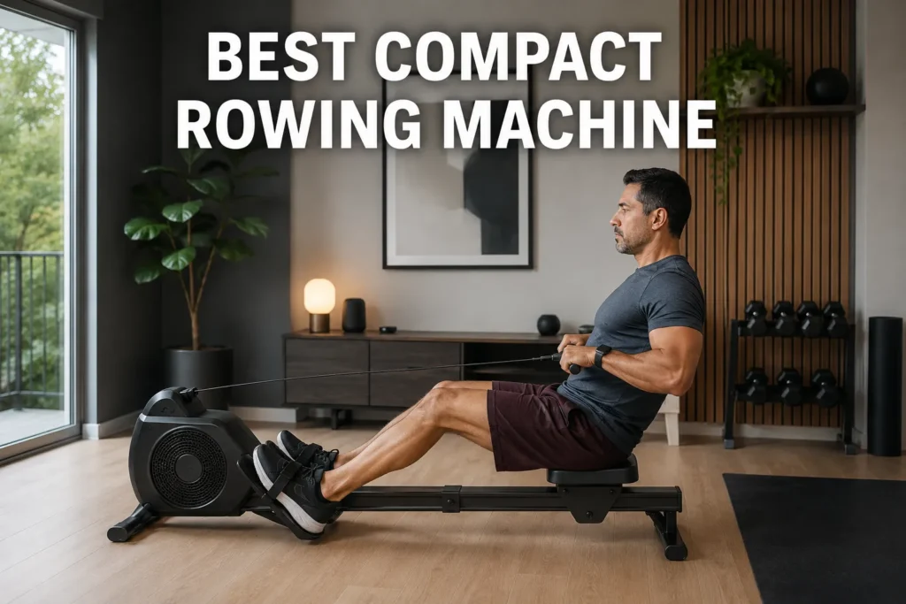 A man exercising on a compact rowing machine in a home gym