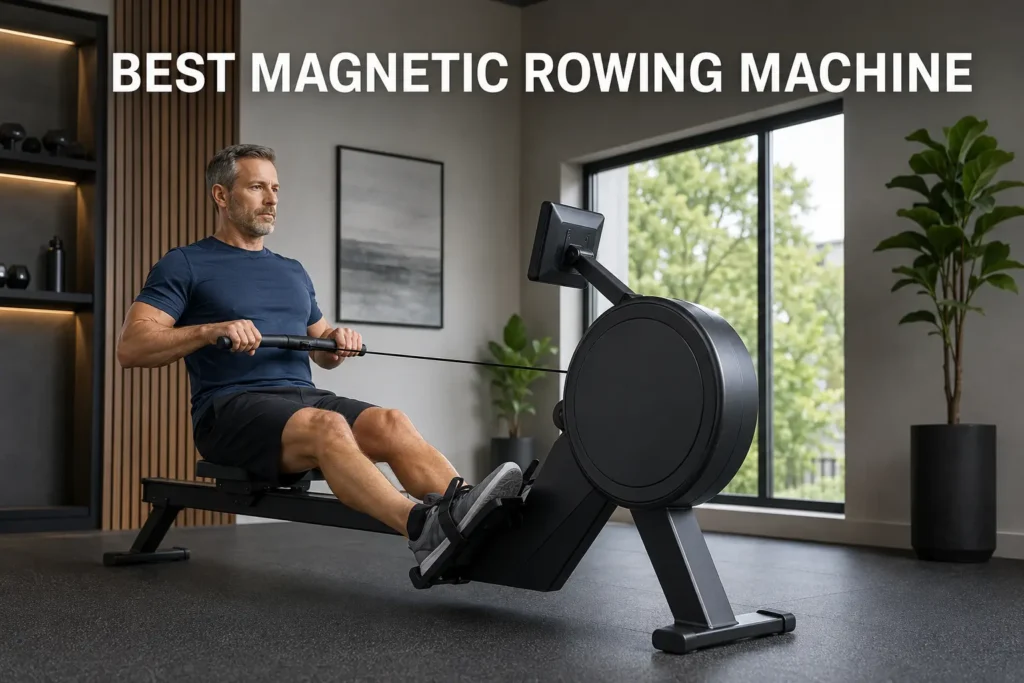 A man exercising on a magnetic rowing machine