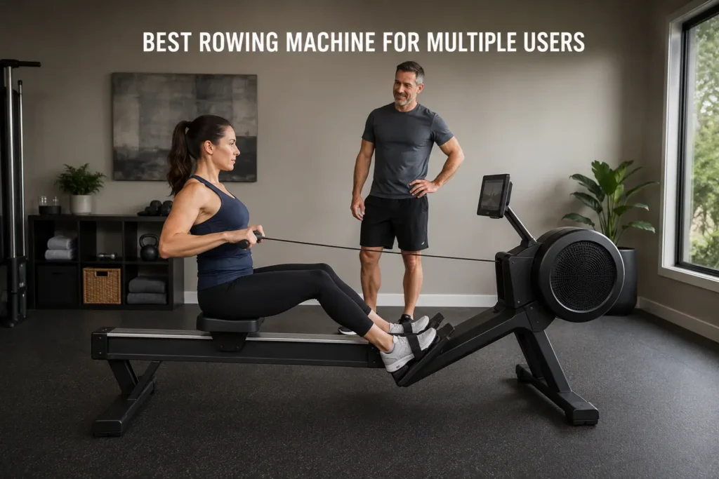 A woman and a man in a home gym with a rowing machine suitable for multiple users