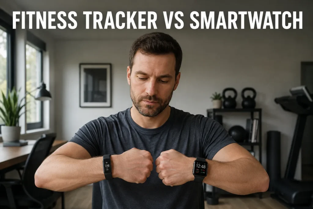 Man comparing a fitness tracker and smartwatch in a modern home gym.