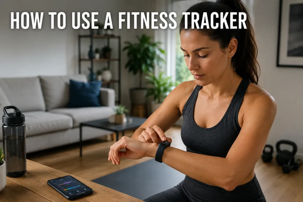 A woman using a fitness tracker with a workout app open on her phone in a modern home gym.