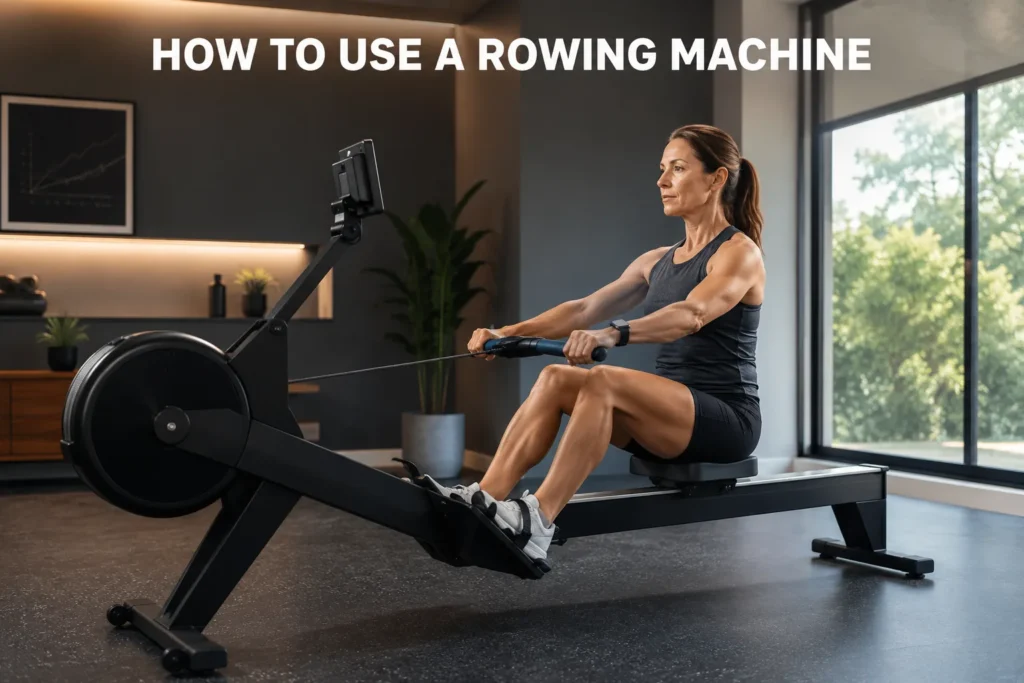 A woman learning how to use a rowing machine