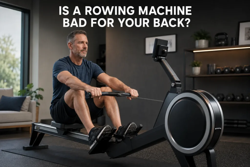 A man on a rowing machine with proper posture to protect his back and strengthen it