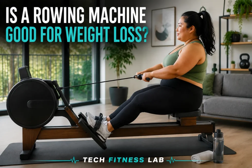 A young, obese woman on a rowing machine exercising to lose weight