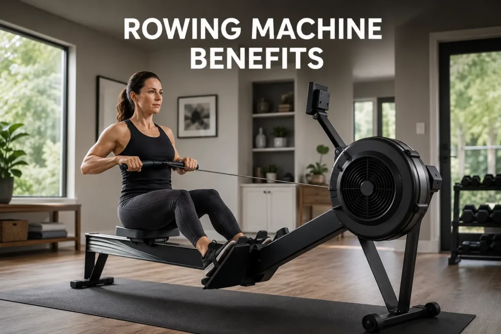 A woman exercising on a rowing machine