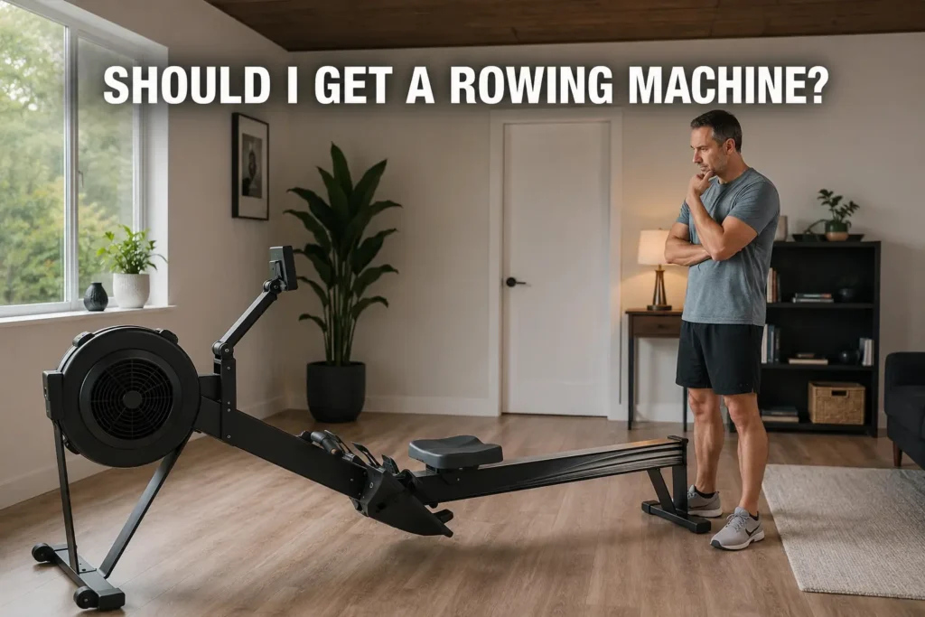 Man considering a rowing machine in a home gym.