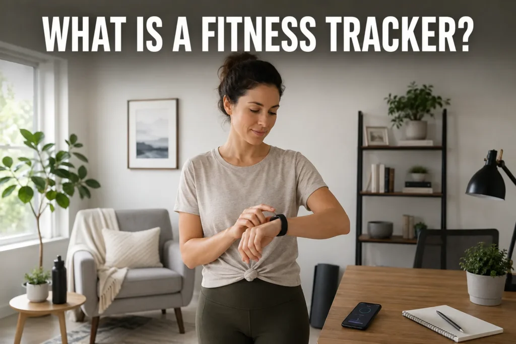 Woman checking a fitness tracker on her wrist in a modern home office.