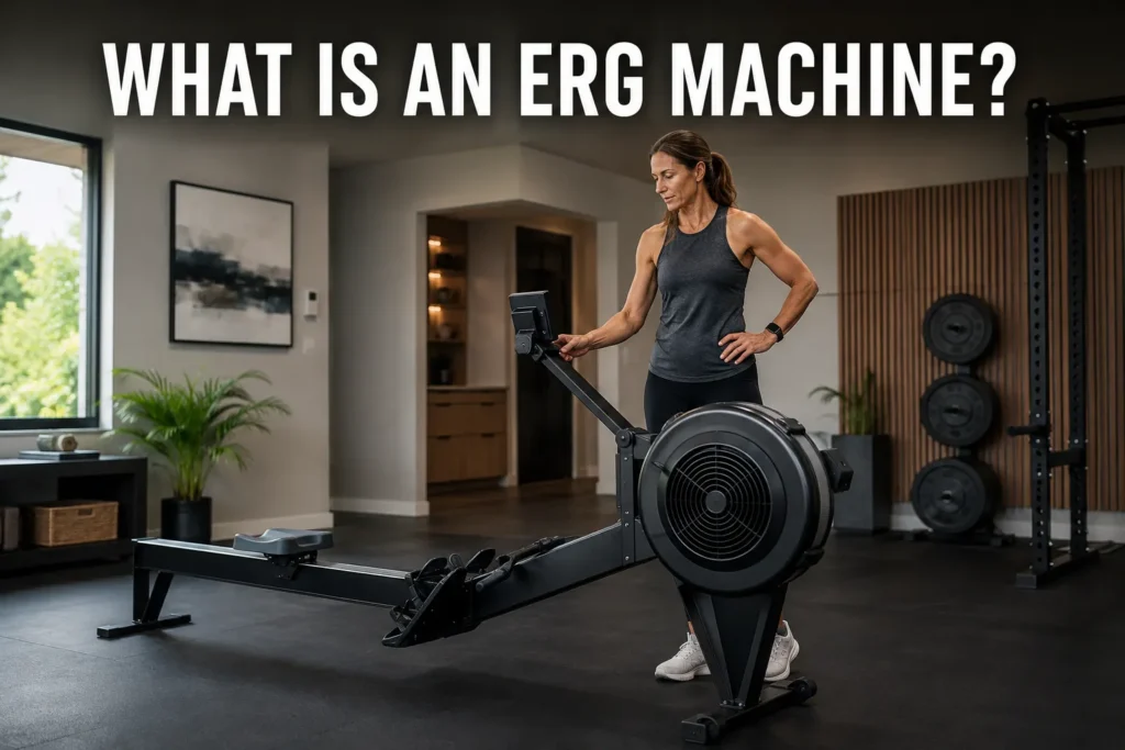 Woman inspecting the monitor on a rowing erg machine in a modern home gym.