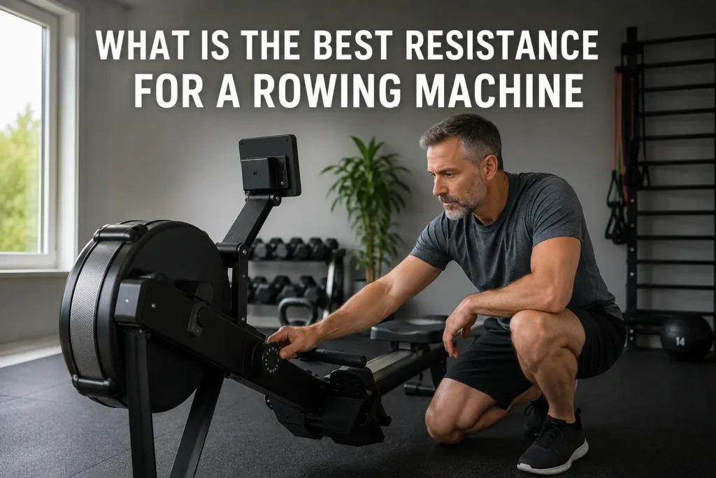Man adjusting resistance on a rowing machine in a home gym.