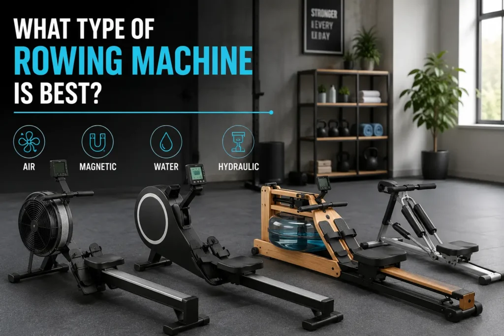 Four types of rowing machines shown in a modern gym, including air, magnetic, water, and hydraulic rowers.