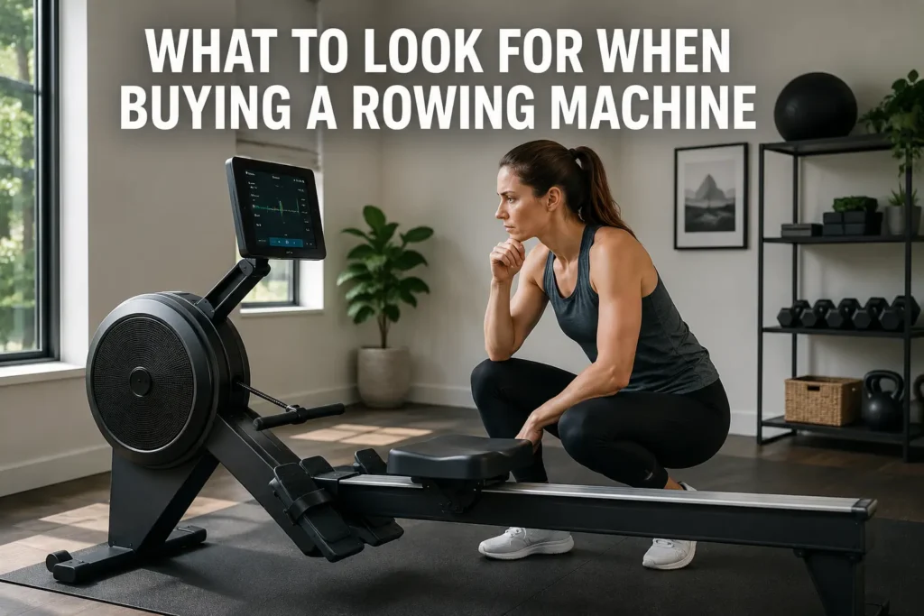 Woman inspecting a rowing machine in a home gym.