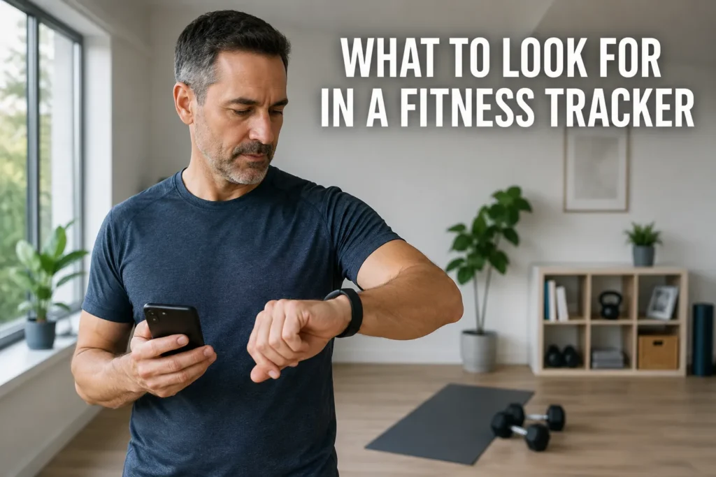 Man checking his fitness tracker and phone in a modern home gym.