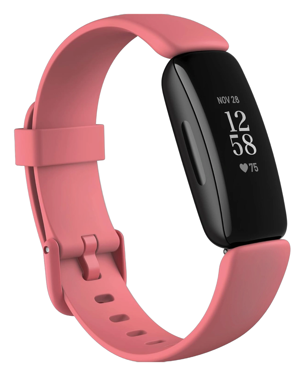 Fitbit Inspire 2 fitness tracker with pink band showing time and heart rate on screen