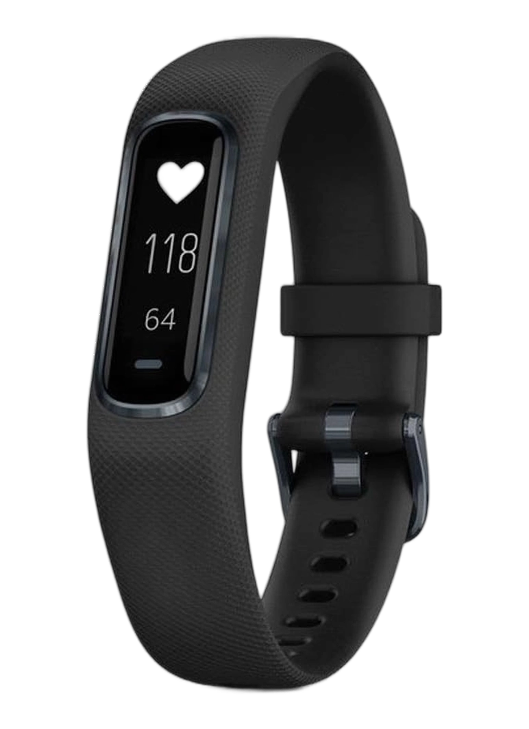 Garmin vivosmart 4 fitness tracker with black band showing heart rate on screen