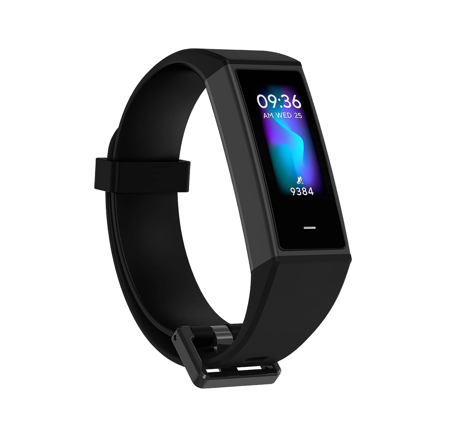WYZE fitness tracker band with a black silicone strap and digital display showing time