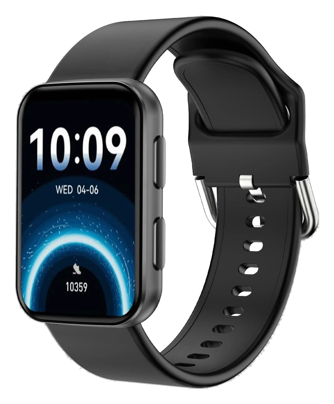 Black fitness tracker with rectangular touchscreen display showing time and step count