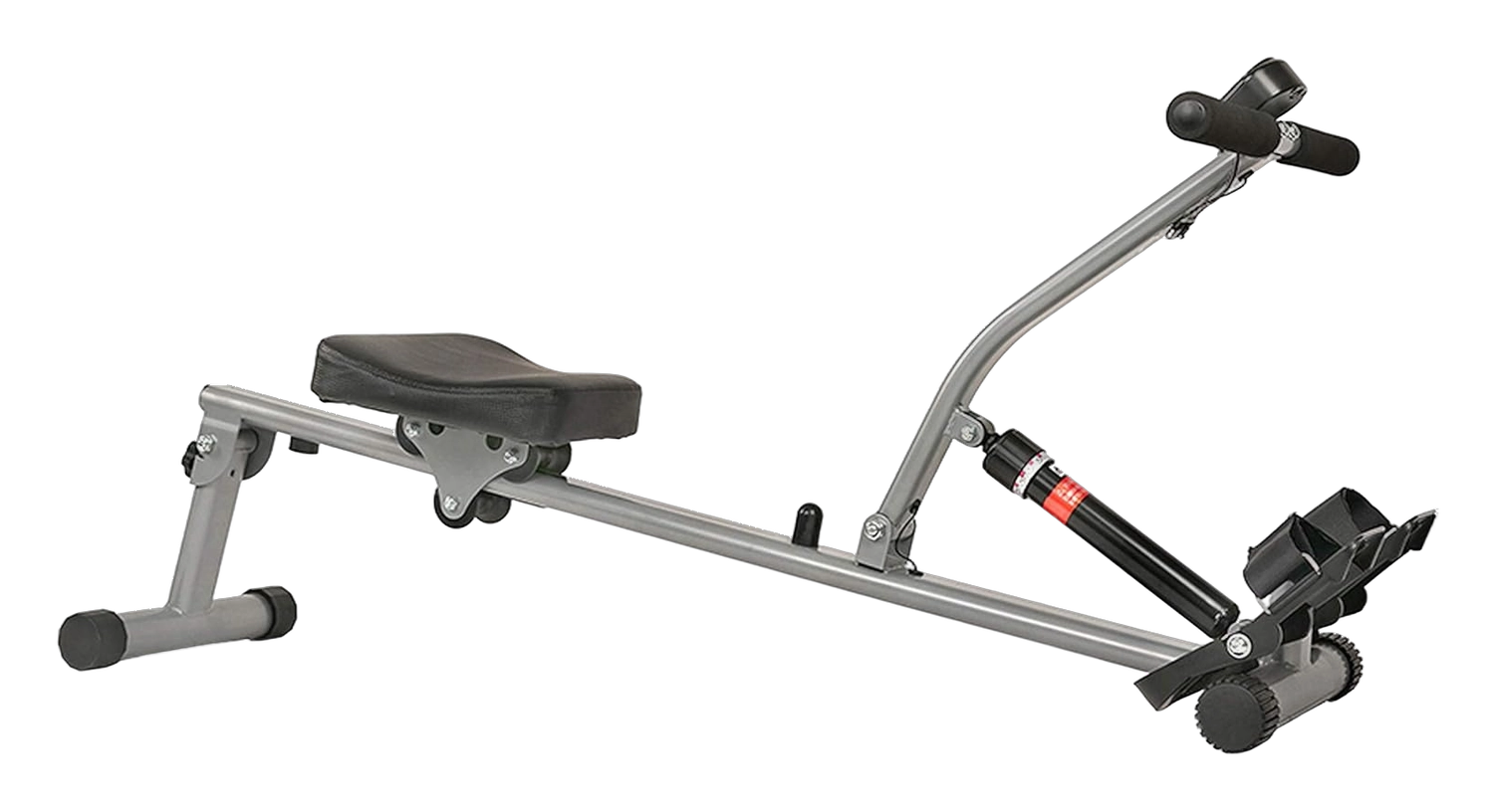 Silver rowing machine with black padded seat, foam handlebar grips, and hydraulic resistance cylinder