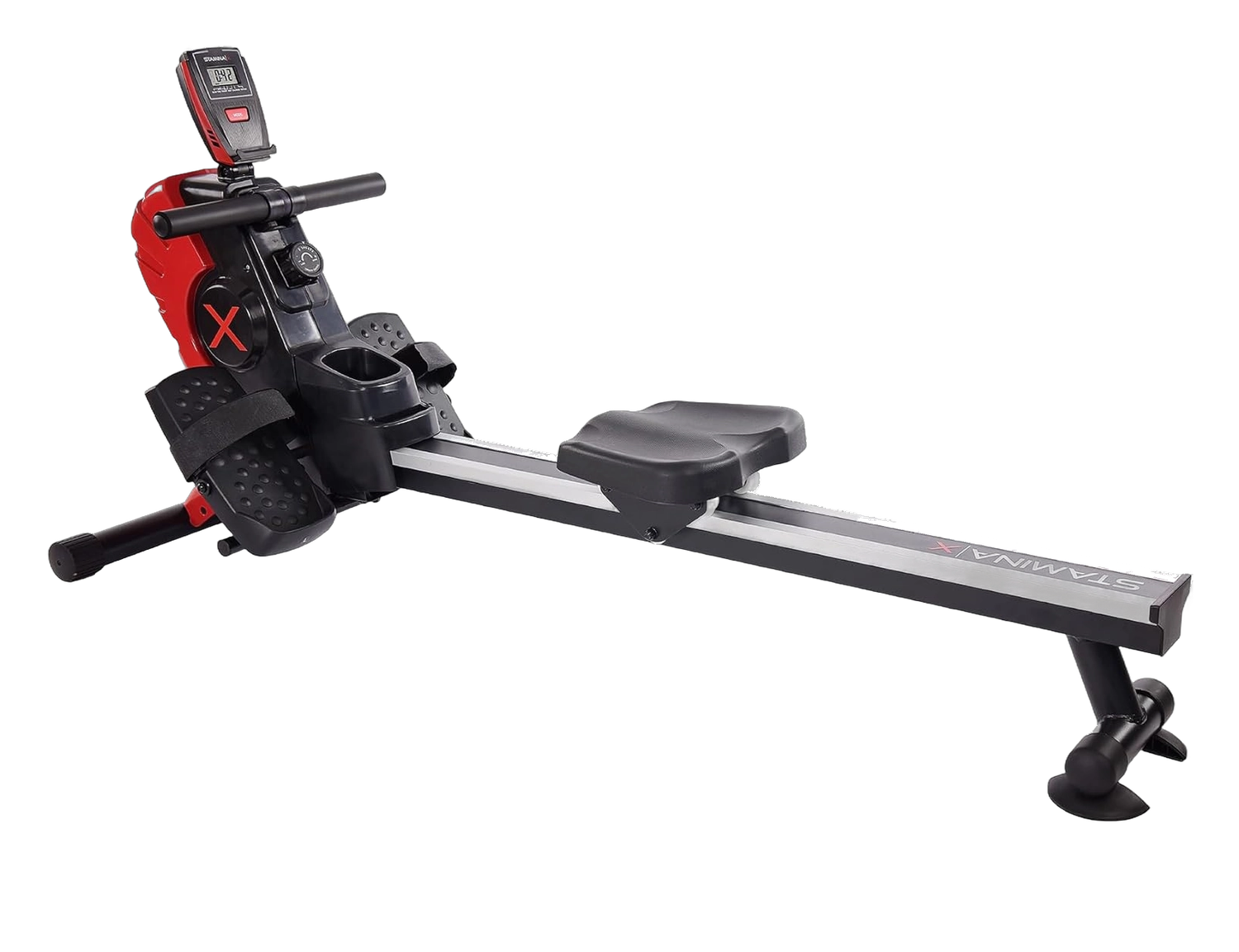 Stamina magnetic rowing machine with red frame, digital monitor, and padded seat