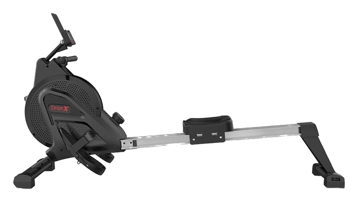 Black magnetic rowing machine with a padded seat, footrests, and adjustable tablet holder arm