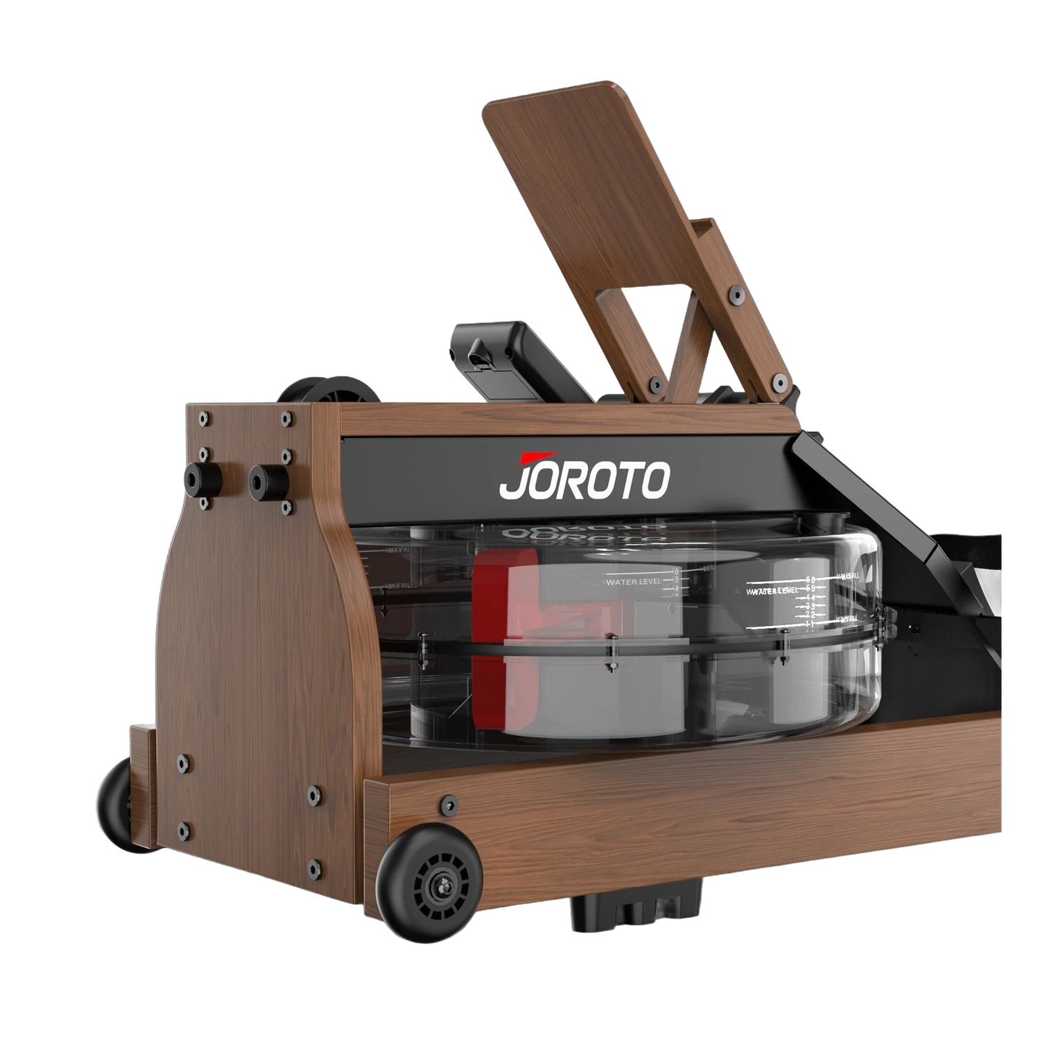 JOROTO oak wood water rowing machine viewed from the flywheel end with folding wheels