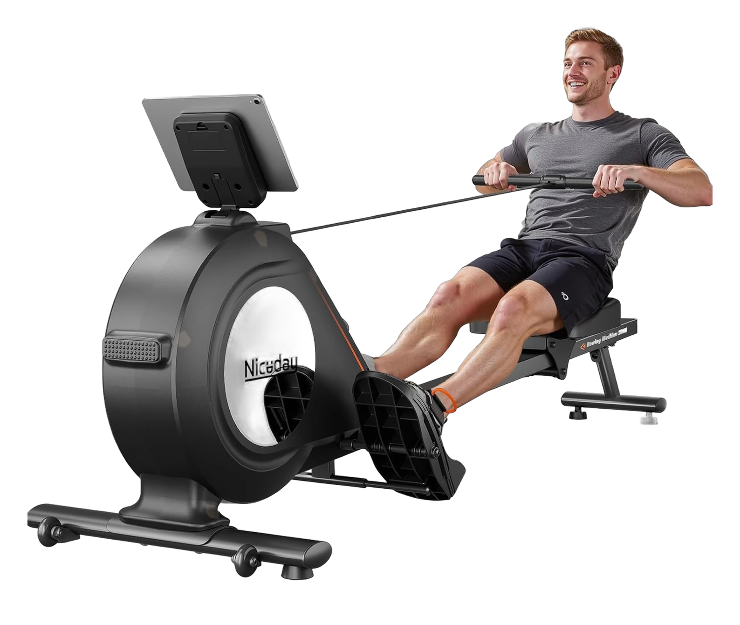 Man using a black Niceday magnetic rowing machine, gripping the handle mid-stroke