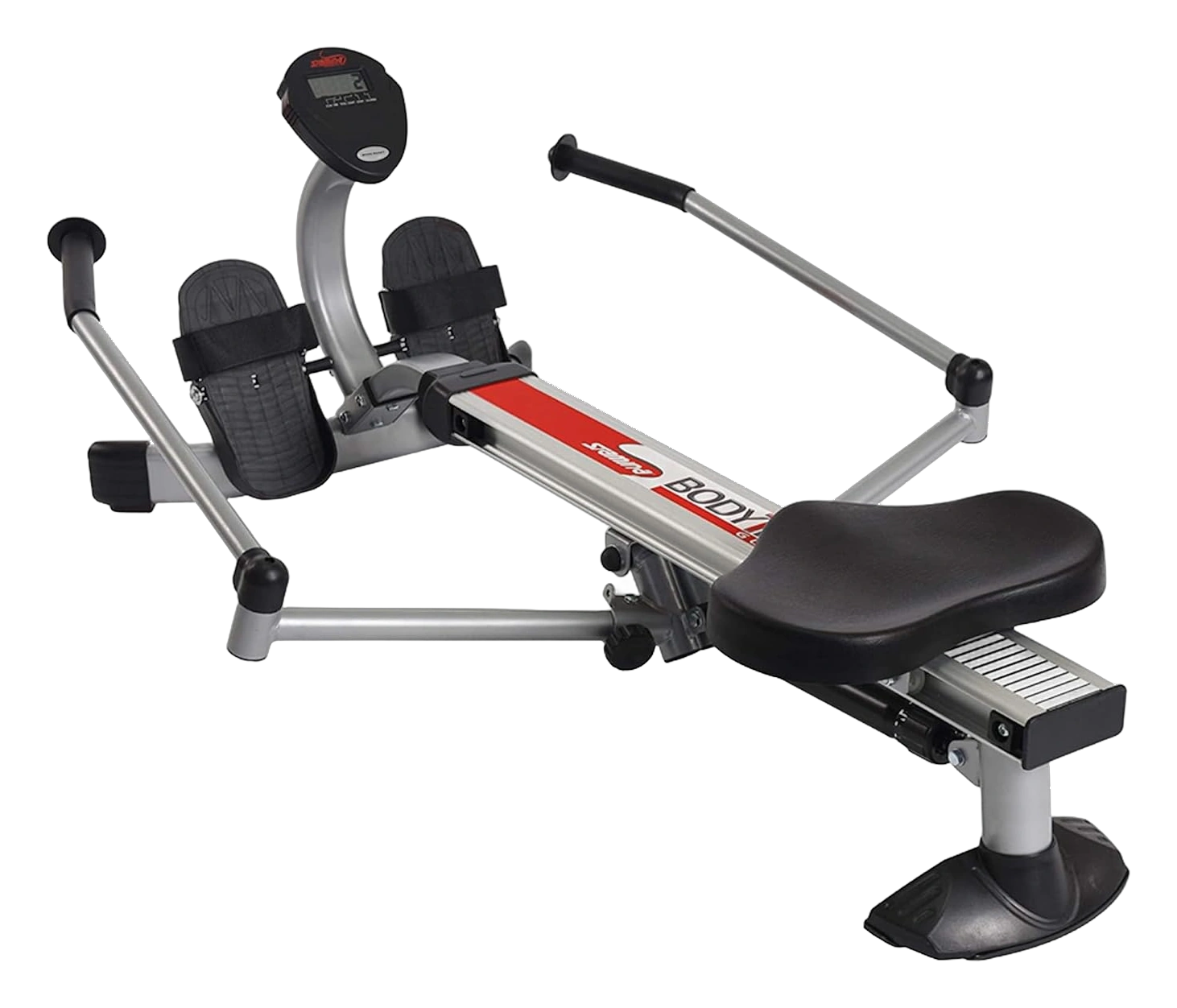 Stamina rowing machine with a padded seat, strapped footrests, and an extended handlebar arm