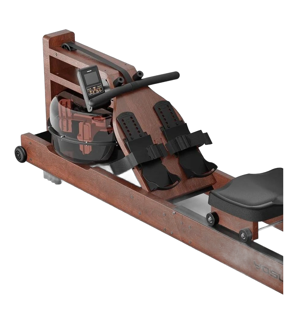 Wooden water rowing machine with a clear resistance tank and digital monitor on a white background