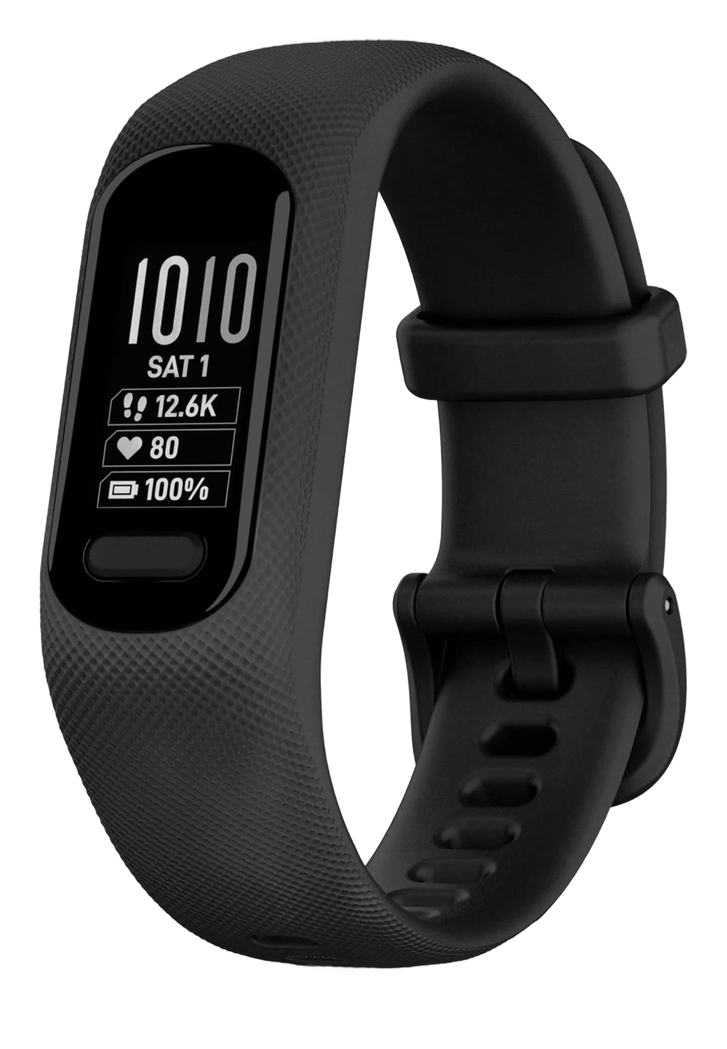 Garmin vívosmart 5 fitness tracker with black band displaying steps, heart rate, and battery