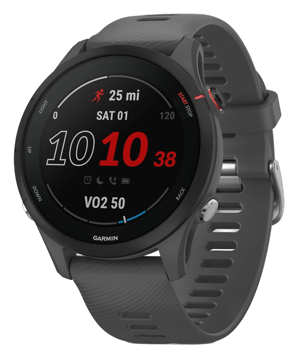 Garmin Forerunner 255 smartwatch with gray silicone band showing running pace and VO2 max stats