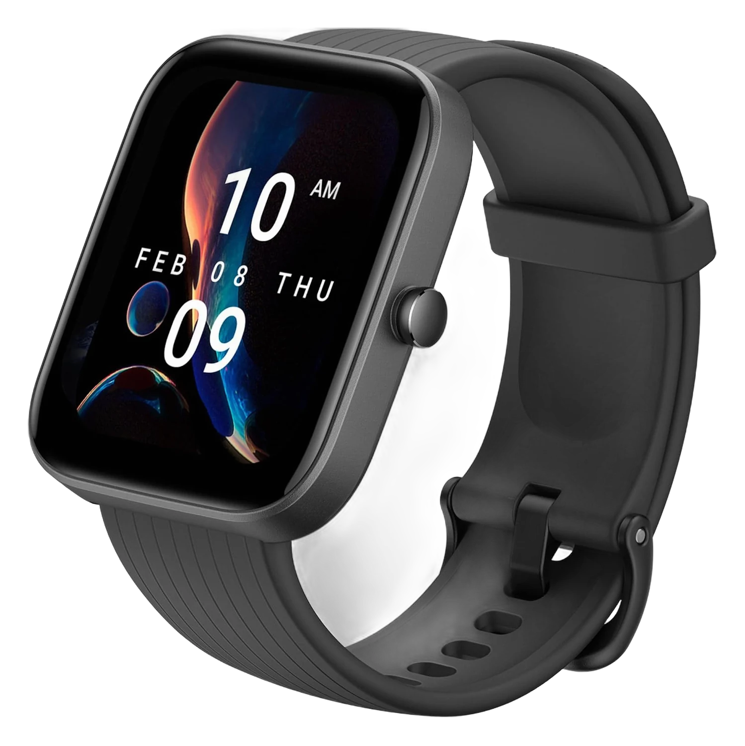 Amazfit Bip 3 Pro smartwatch with square face and black silicone band