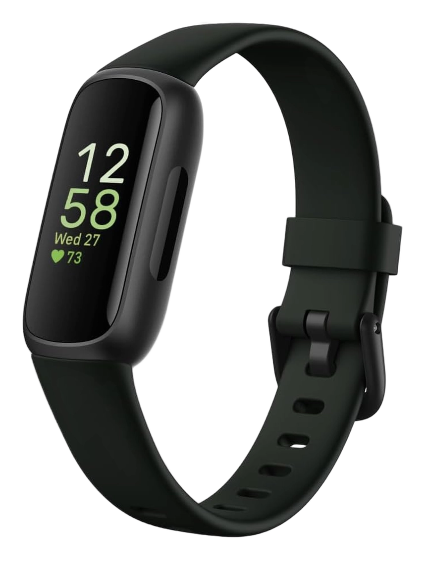 Fitbit Inspire 3 fitness tracker with black silicone band and time display