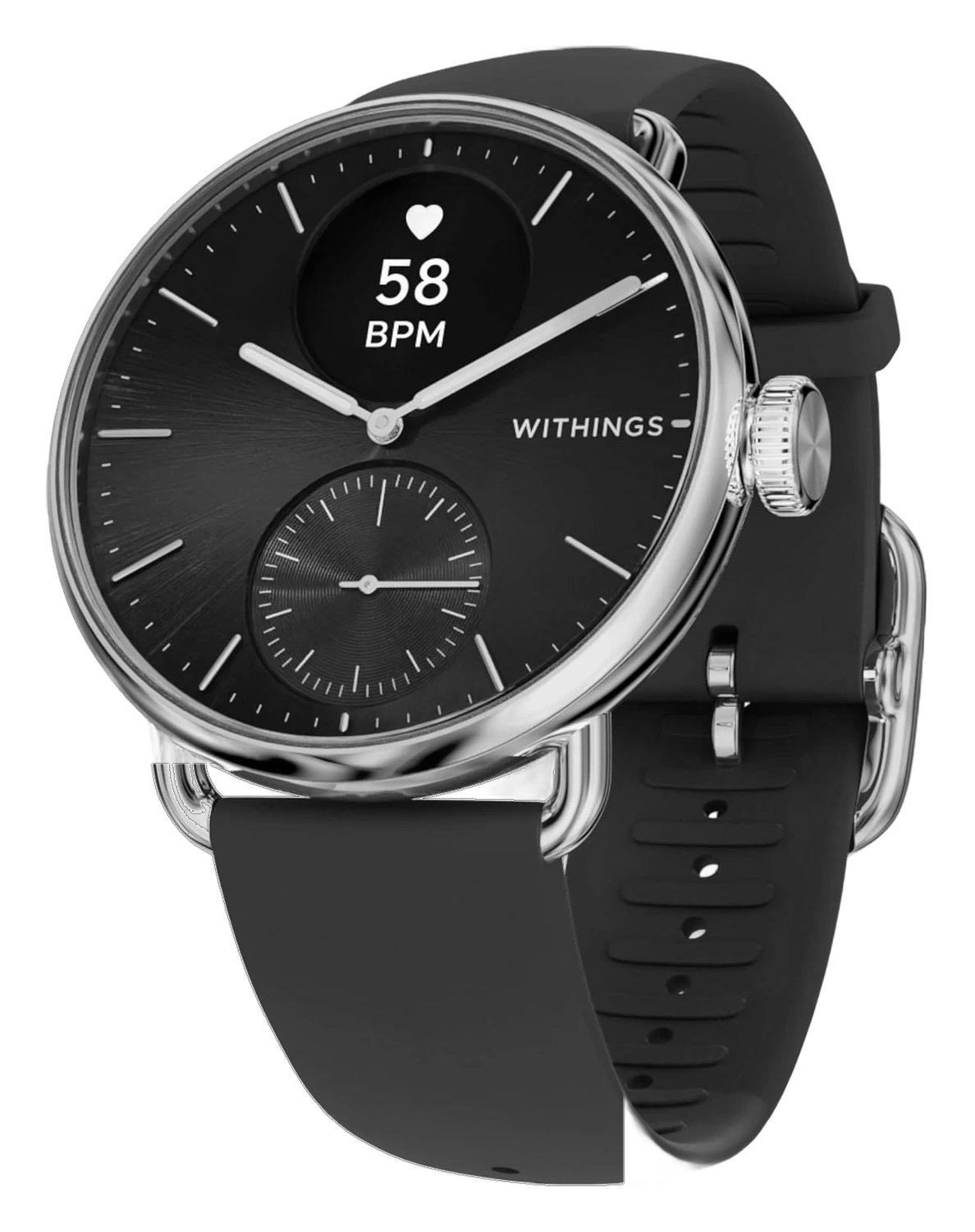 Withings ScanWatch 2 watch with a round analog face, heart rate readout, and black silicone band