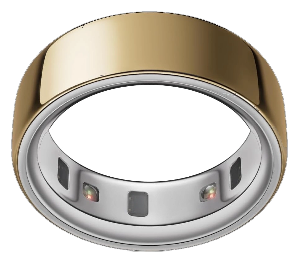 Oura Ring 4 in gold with a silver interior showing the sensor array