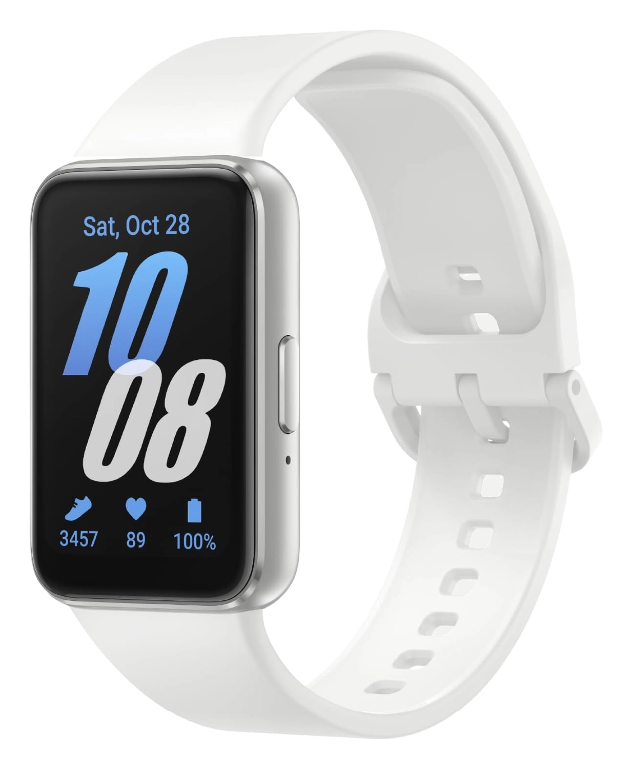 Samsung Galaxy Fit3 fitness tracker with a white silicone band and screen showing time, steps, and heart rate