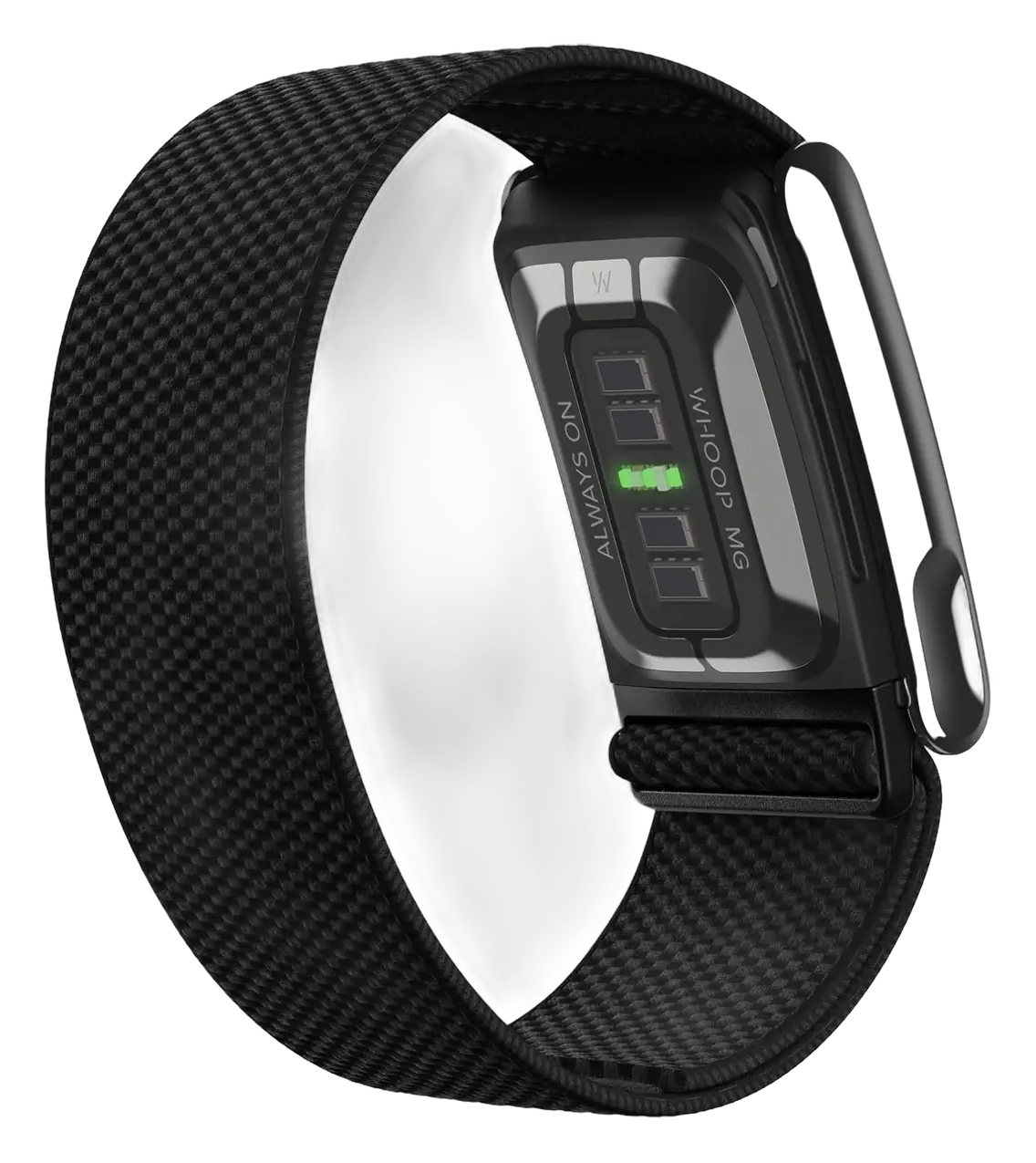 WHOOP 5.0 fitness tracker with woven black band and silver sensor module