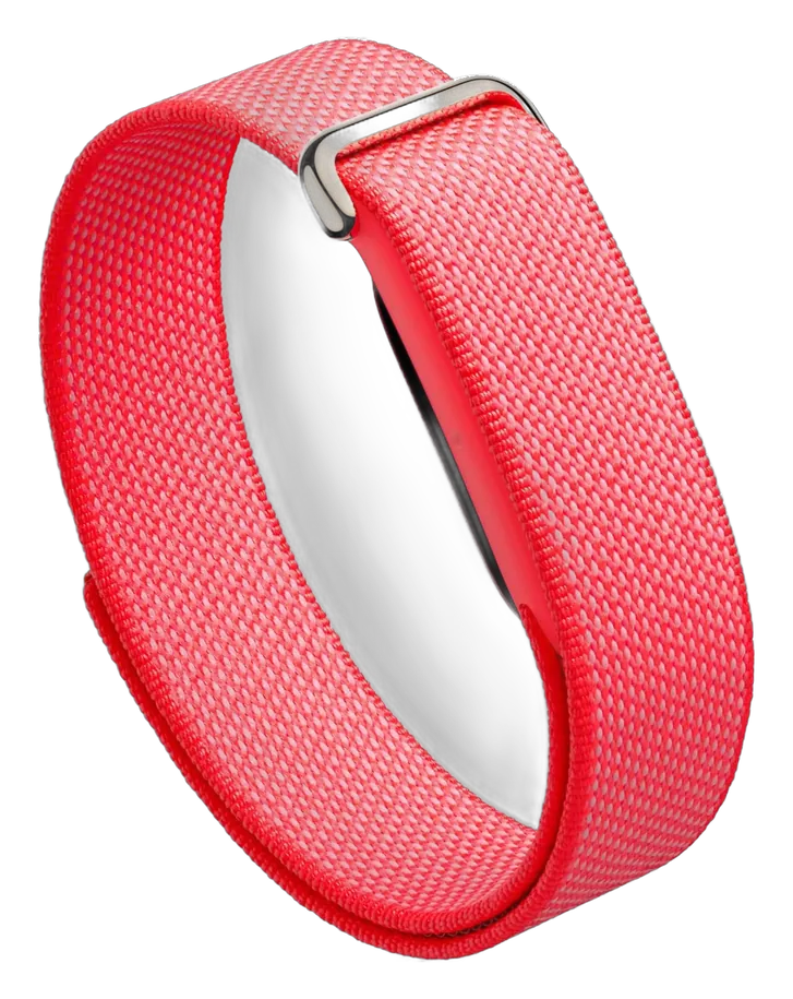 Fitbit Air fitness tracker band in coral red with a woven strap and metal buckle