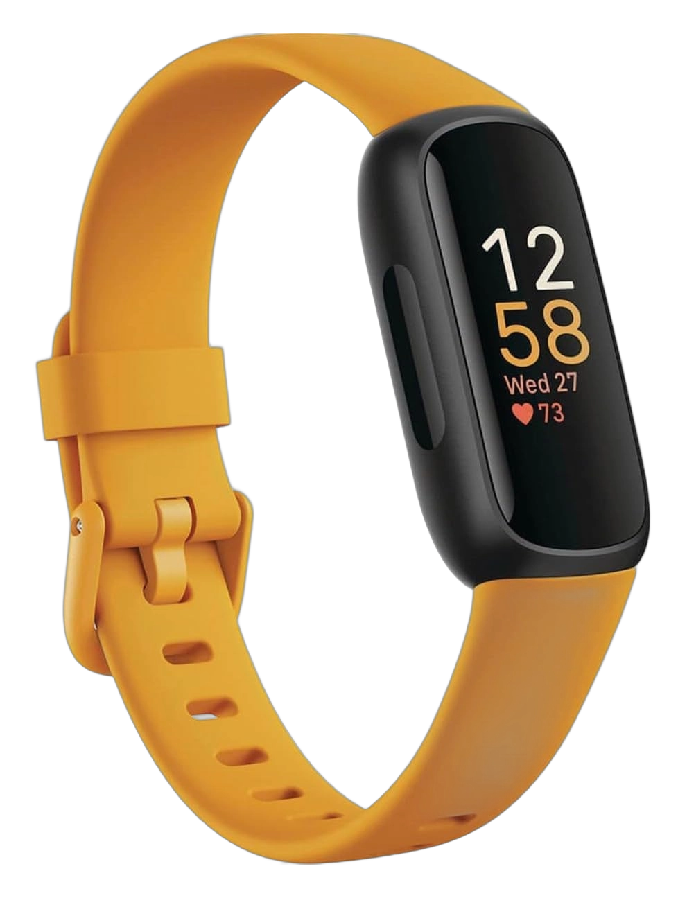 Fitbit Inspire 3 fitness tracker with orange silicone band and black touchscreen display