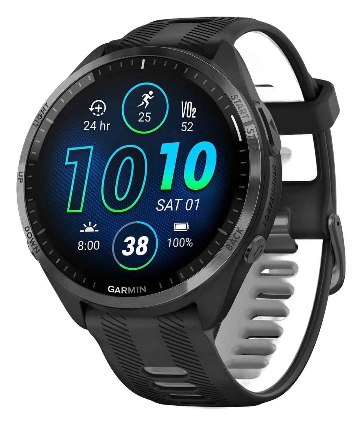 Garmin Forerunner 965 smartwatch with silicone band displaying heart rate, VO2, and battery stats