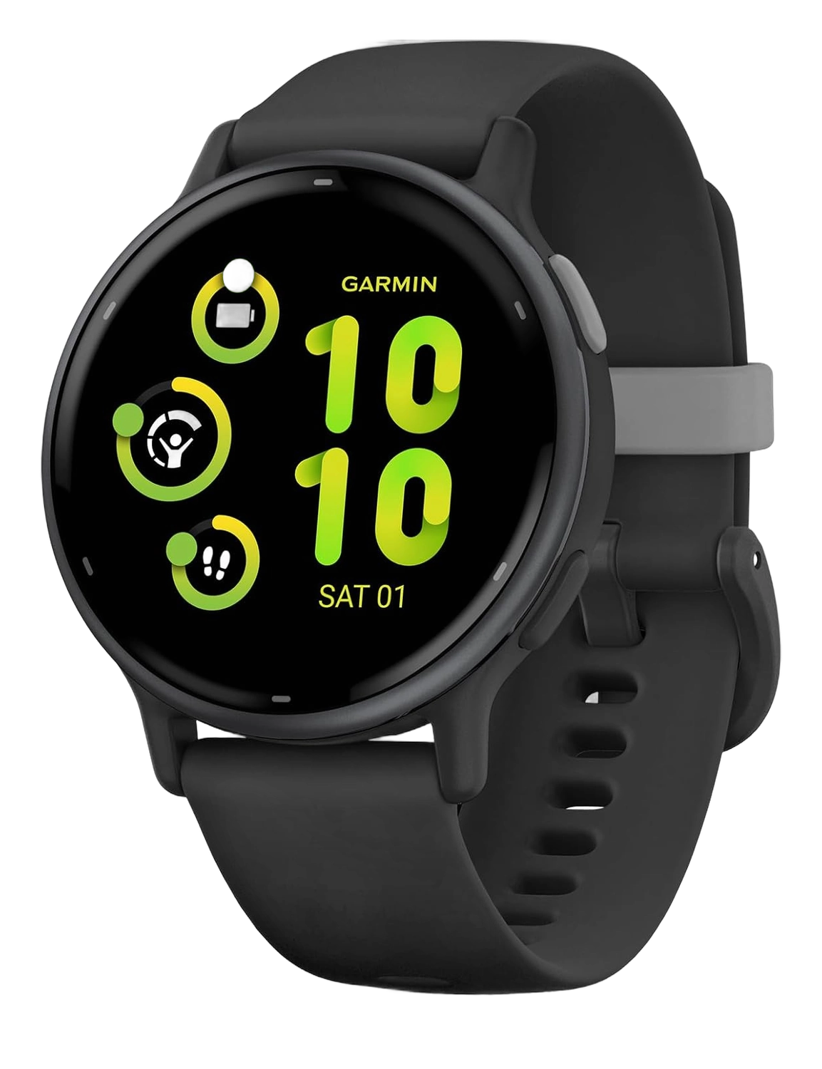 Garmin Vivoactive 5 smartwatch with black silicone band showing a round watch face with time and icons