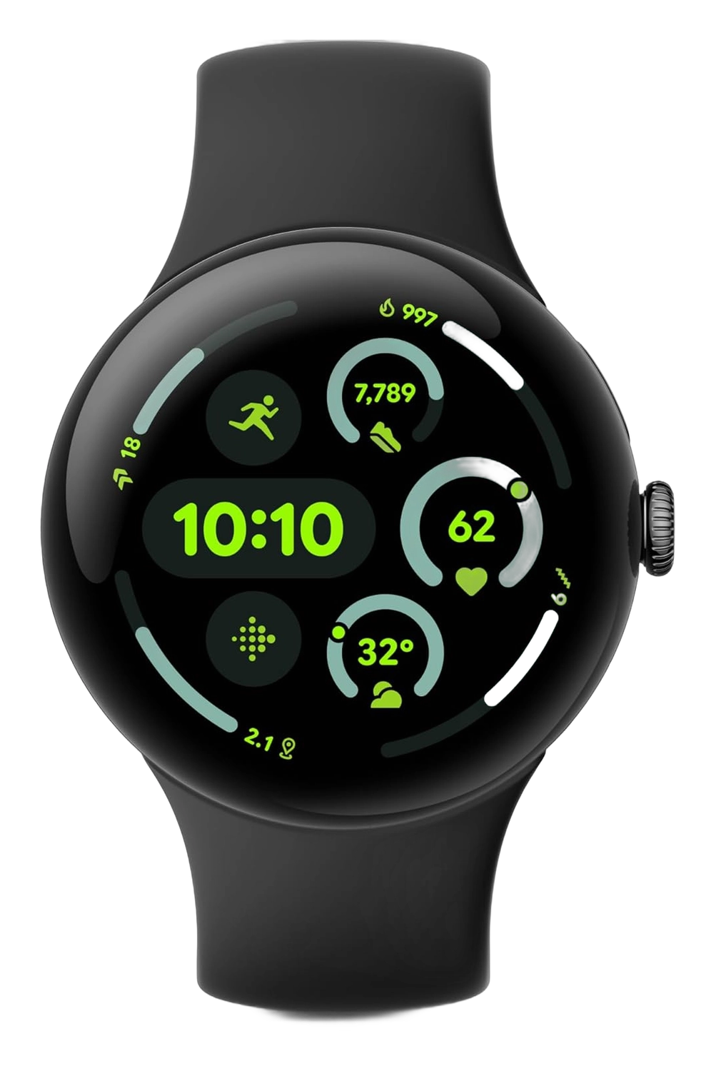 Black Google Pixel Watch 3 with silicone band showing activity rings and heart rate on screen