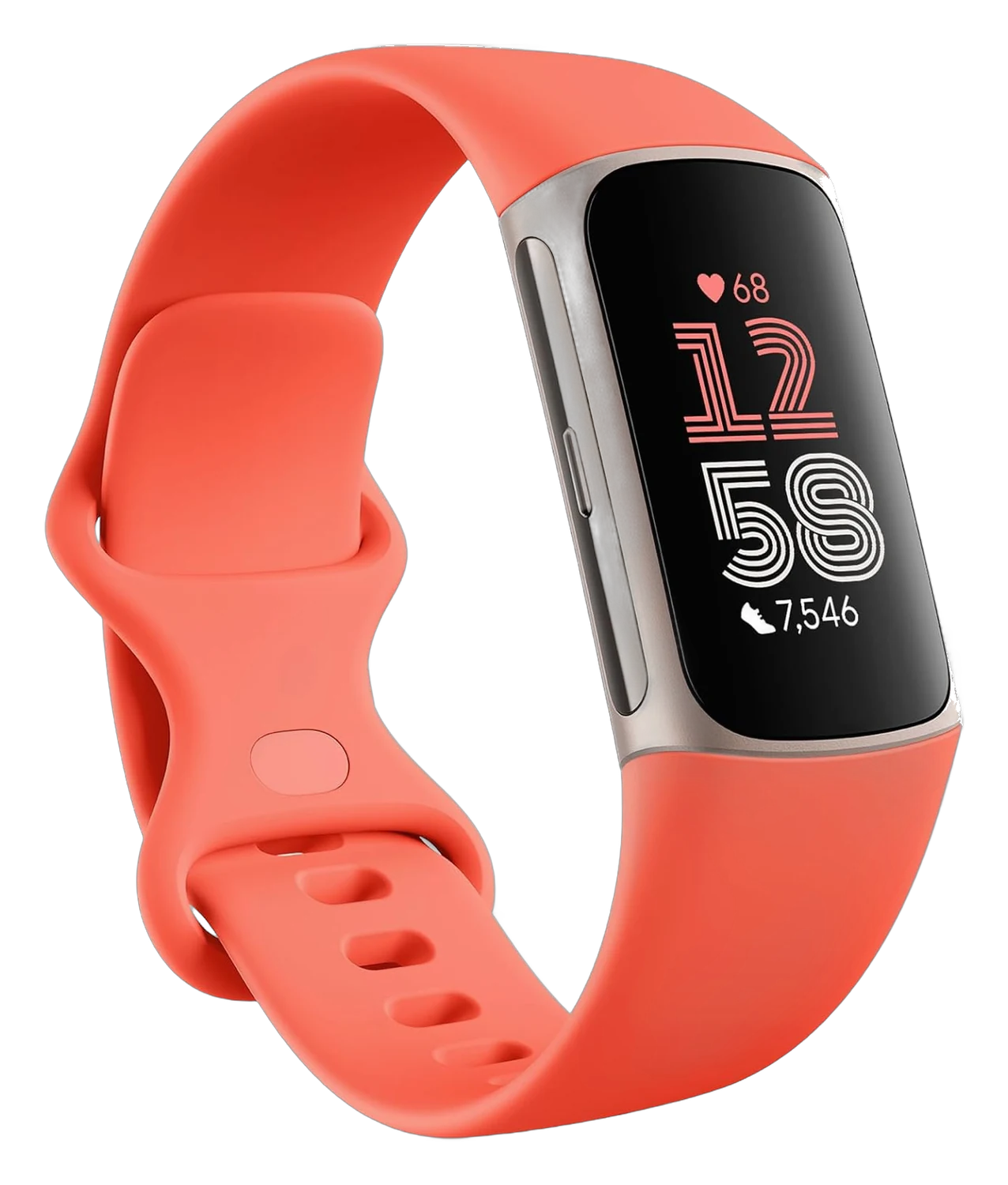 Fitbit Charge 6 fitness tracker with coral silicone band and touchscreen display showing heart rate, time, and step count