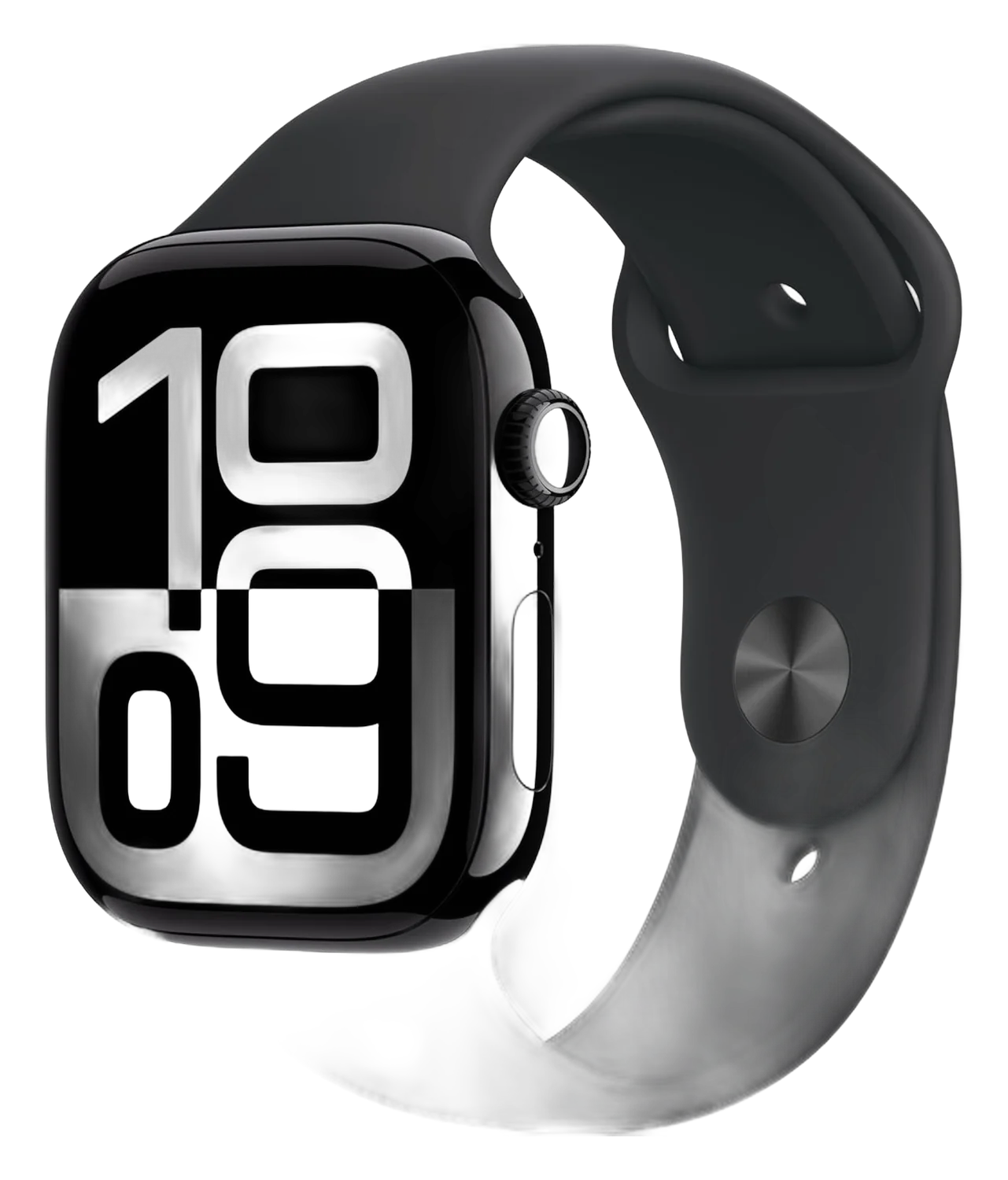 Apple Watch Series 10 with a black case, black sport band, and digital time display