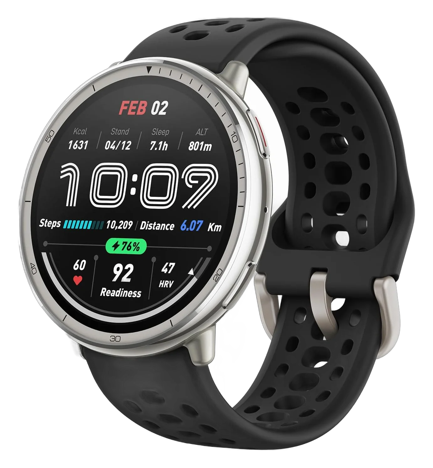 Amazfit Active 2 smartwatch with a silver bezel, black silicone band, and round display
