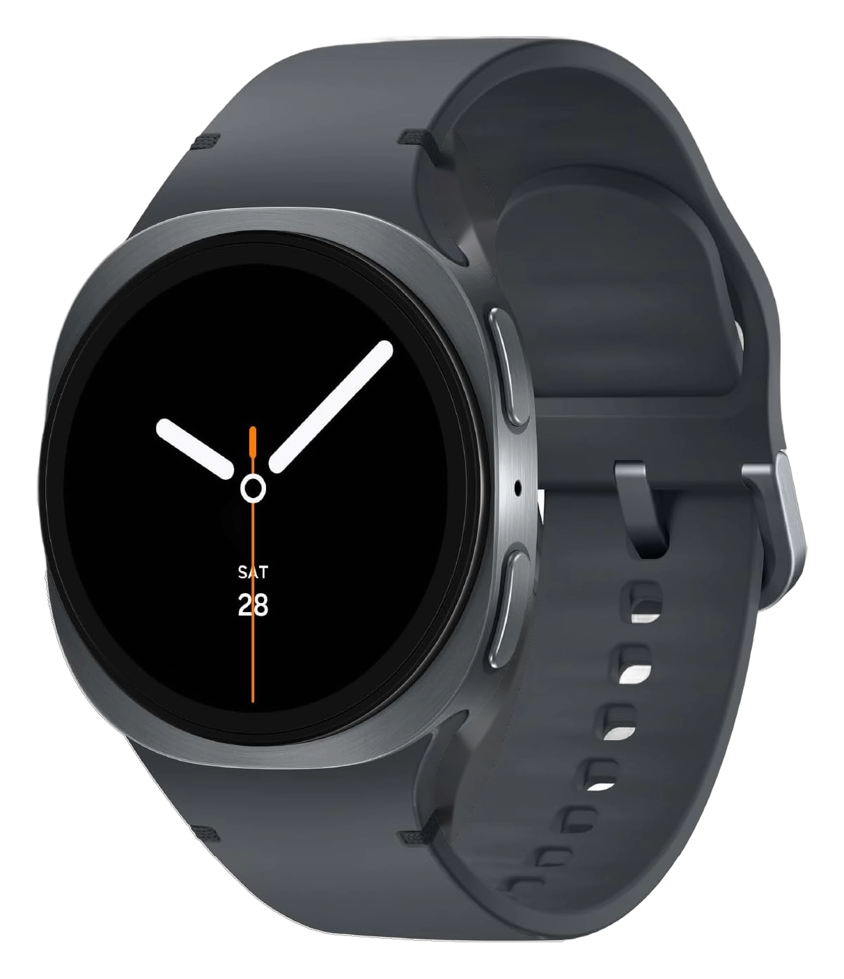 Samsung Galaxy Watch 8 in gray with a round dial, silicone band, and orange second hand