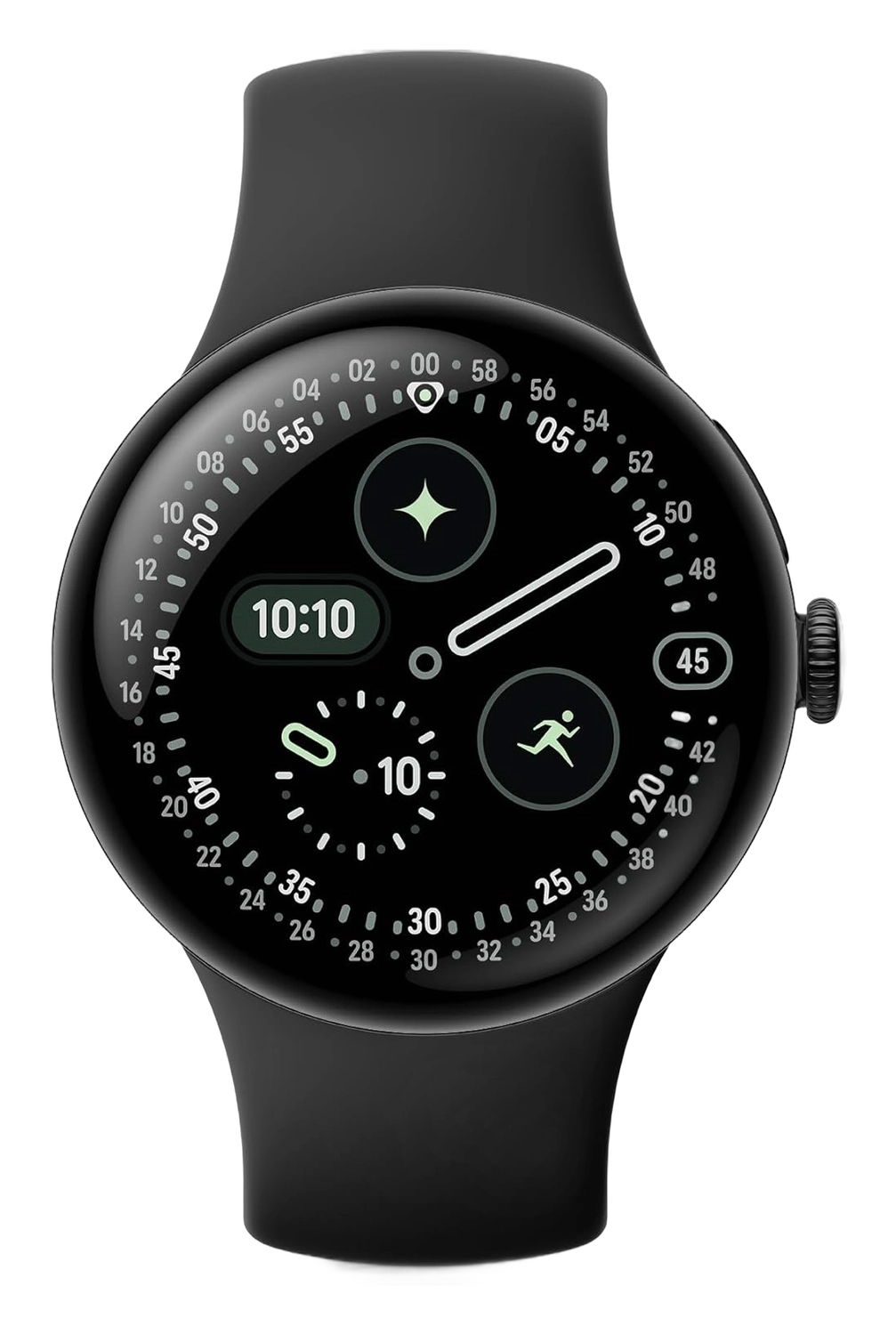 Google Pixel Watch 4 with black band and round display showing time and workout icon