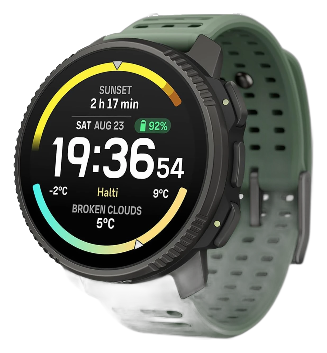 SUUNTO Vertical 2 smartwatch with a green silicone band and black round case